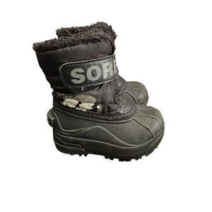 Sorel Snow Commander‎ Hook & Loop Strap Boots Toddler 6 Black Faux Fur-Lined
